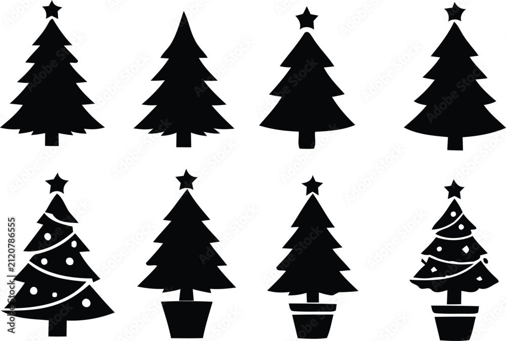 Obraz premium Christmas Tree Silhouettes On White Background Vector Illustration Set