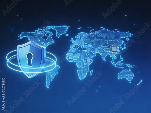 Digital world map with security shield