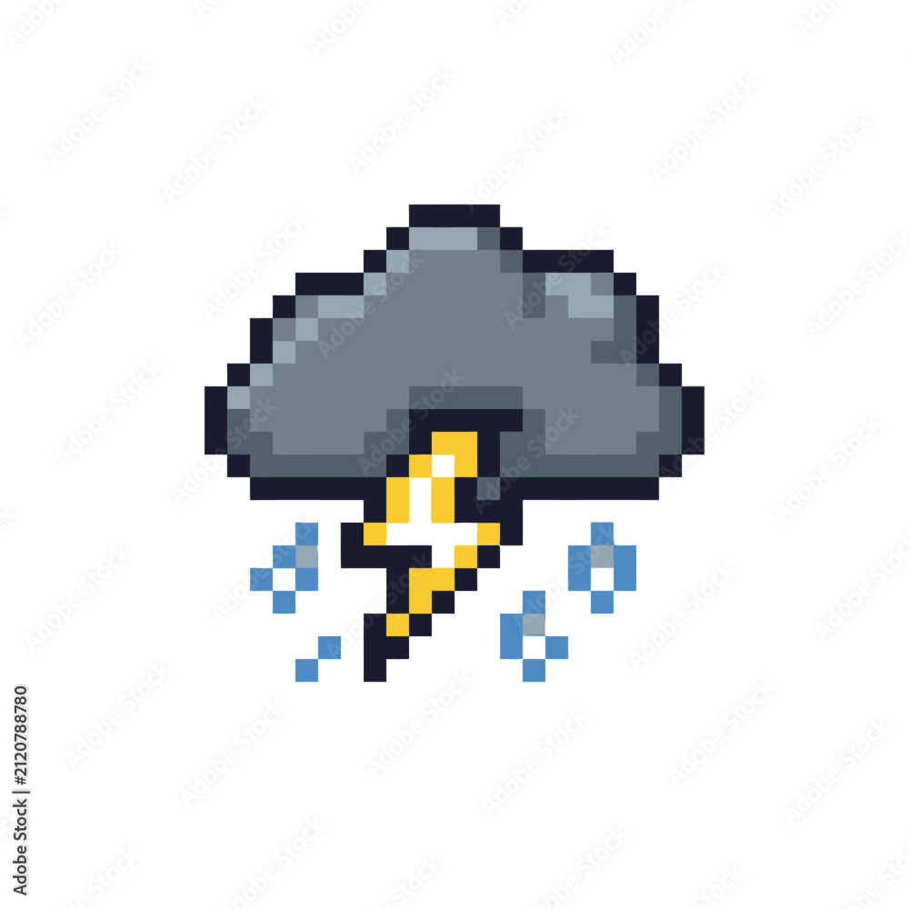 Fototapeta premium Dark pixel art storm cloud with lightning and ice.