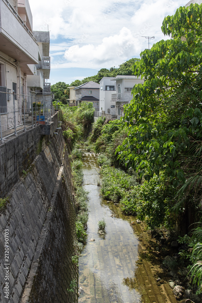 Fototapeta premium 住宅街を通る整備された細い川