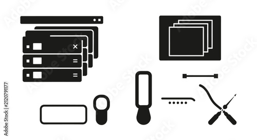 Computer repair with displays collection black magnifying glass white computer repair icons maintenance screwdriver technology software with hardware