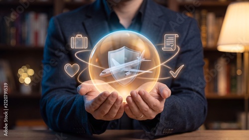 Travel insurance protection coverage concept, businessman holding holographic airplane shield bubble with luggage heart document and checkmark icons, flight safety and policy management