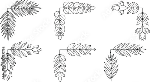 Botanical Floral Corner Border Vector Set with Decorative Leaves and Flower Branch Line Art