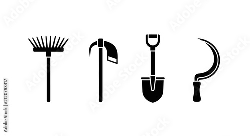 Foto Four black gardening tools on white background with yard work agriculture landsc