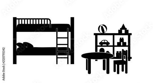 Konstfotografi Black silhouette of bunk bed with children playroom bookshelf children s room bo