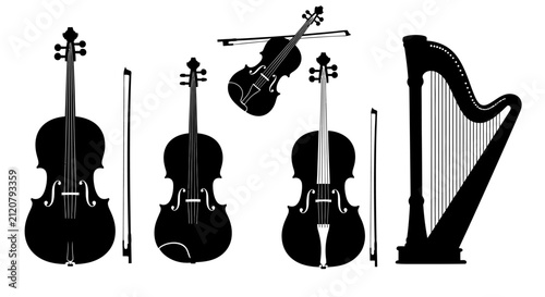 Canvastavla Black silhouettes of violins and harp with bows on white background with instrum