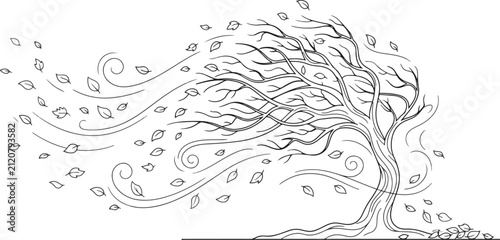Elegant Windswept Autumn Tree Line Art Illustration with Blowing Leaves 2026
