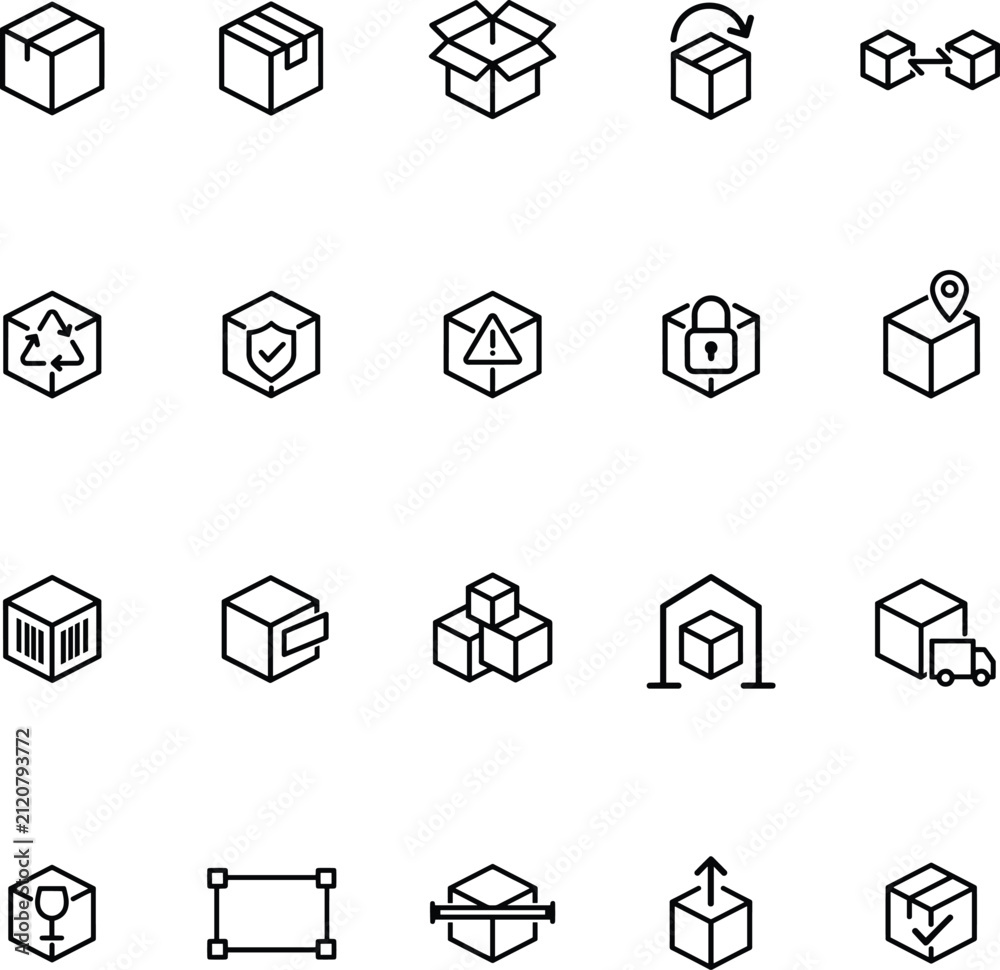 Fototapeta premium Packaging and Shipping Box Outline Icons Set for Logistics Delivery and Warehouse