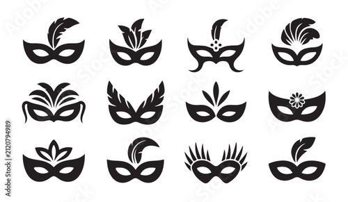 Fotografie Set of black carnival masks with feathers, isolated on white background, black and white vector icons