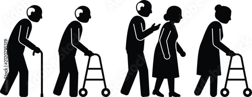 Elderly people stick figure icon set showing senior citizens walking with canes walkers and nursing assistance support