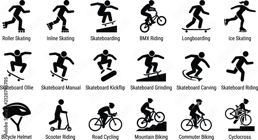 Fototapeta premium Extreme action sports and urban skating stick figures set featuring skateboarding bmx cycling roller skating recreation icons vector