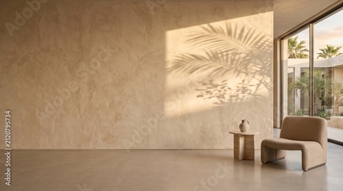 Minimalist modern interior design featuring a textured beige wall with soft palm tree shadows in warm golden sunlight
