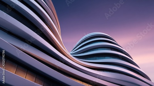 Dynamic modern architecture with elegant flowing curves under a beautiful gradient twilight sky