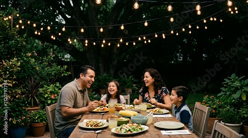 Happy Hispanic family eating dinner outdoors under string lights at night
