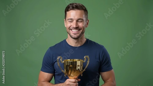A man proudly holds a golden trophy, his face beaming with a smile of accomplishment against a simple green backdrop.
