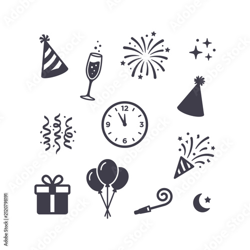 Canvas Print A set of festive black and white icons for New Year's Eve celebrations, includin