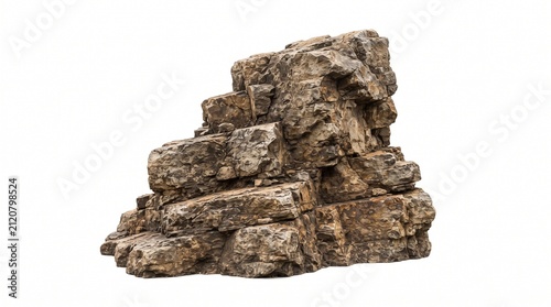 Rugged brown stone cliff and rock formation isolated on white background