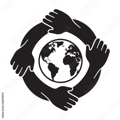Abstract Black and White Vector Emblem of Four Interlocking Human Hands Forming a Circle Around the Planet Earth Globe