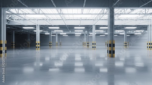 Turn on lights in the empty dark industrial factory, interior of warehouse, 3d rendering.