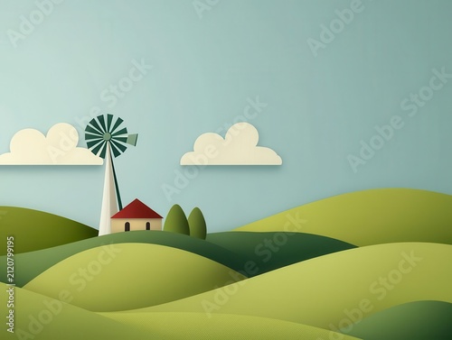 Breezy farm landscape with windmill turning slowly, summer sky glowing