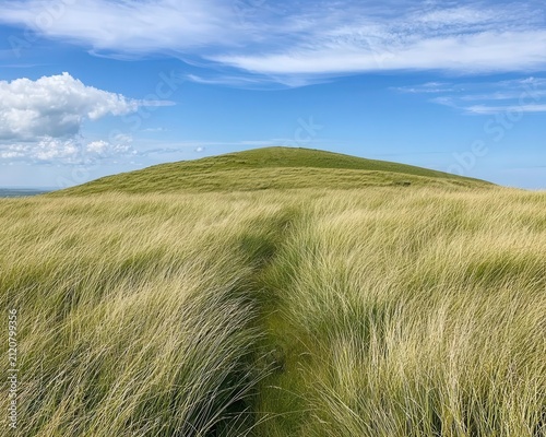 Breezy hilltop covered in tall grass, summer sky open and endless