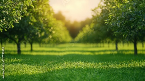 Breezy summer orchard with trees gently moving, sunlight casting soft shadows