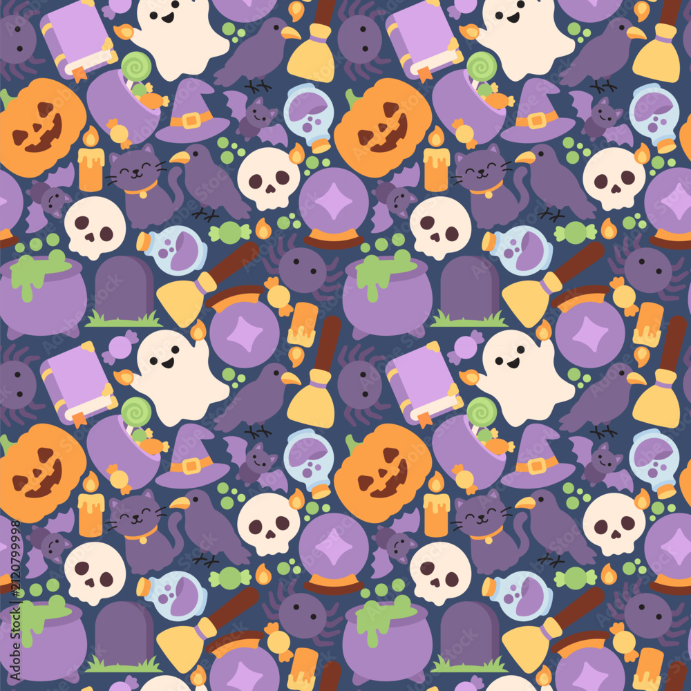 Naklejka premium Cute Halloween seamless pattern for spooky seasonal creative design projects.