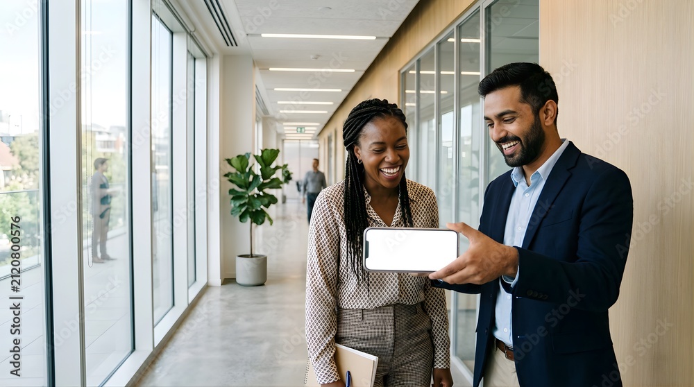 Fototapeta premium Two business colleagues smiling while holding a blank mobile screen