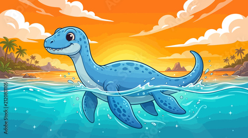 A cute cartoon blue plesiosaur swims through calm ocean waves under a vibrant orange sunset sky.