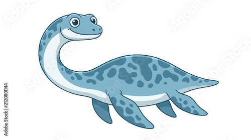 A cute cartoon illustration of a friendly blue plesiosaur with spots swimming against a plain white background.