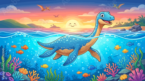 A friendly blue plesiosaur swims in a vibrant ocean during a colorful sunset with flying pterosaurs in the background.
