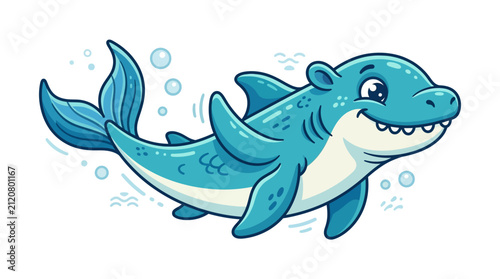 A cute cartoon blue shark character swims happily through the water with bubbles surrounding its body in a friendly illustration.