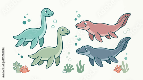 A group of colorful cartoon plesiosaurs and marine reptiles swim together in an underwater scene with bubbles and seaweed.