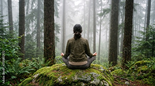 Woman meditating on mossy rock in misty forest, mindfulness practice, yoga pose, spiritual connection with nature, inner peace, zen atmosphere, tall pine trees, foggy morning