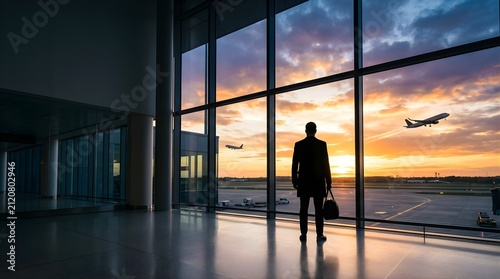 Businessman with luggage standing at airport window watching planes