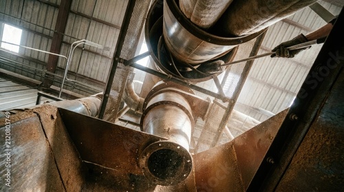 A low-angle shot captures a large, industrial pipe system within a cavernous, weathered warehouse. The pipes, painted in a dull metallic brown, rise vertically, supported by a metal framework.