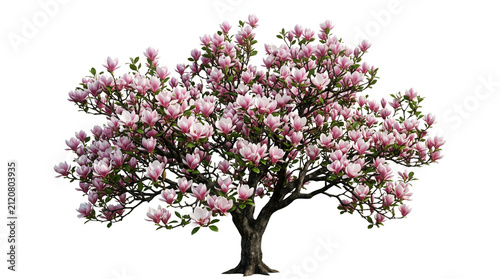 Blooming pink magnolia tree in full spring blossom, ornamental flowering magnolia soulangeana with vibrant petals, lush garden tree for landscaping isolated PNG with Transparent Background