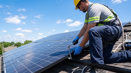Professional worker installing solar panels on residential roof under blue sky, renewable energy and sustainable power generation concept for green future.