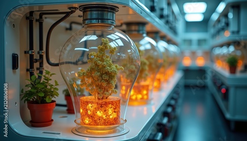 Futuristic indoor vertical farm with glowing bioluminescent plants inside glass lab containers, biotechnology research