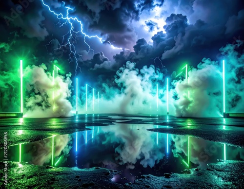 Futuristic neon portal with storm clouds and lightning reflection.