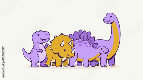 A group of cute, colorful cartoon dinosaurs including a purple tyrannosaurus, a yellow triceratops, and a purple stegosaurus stand together against a plain white.