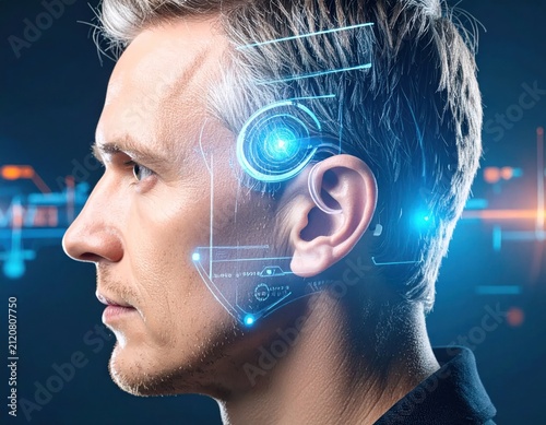 Futuristic cybernetic interface on male face profile.