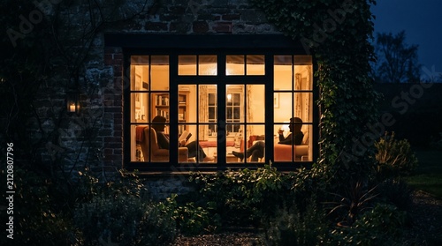 Warmly Lit Home Interior Seen Through Window at Night