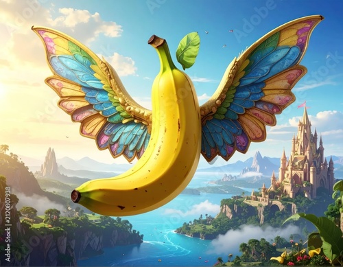 Flying banana with colorful butterfly wings over fantasy castle.
