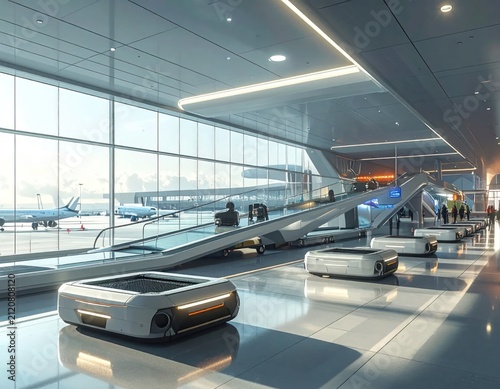 Futuristic airport terminal with autonomous luggage transport pods