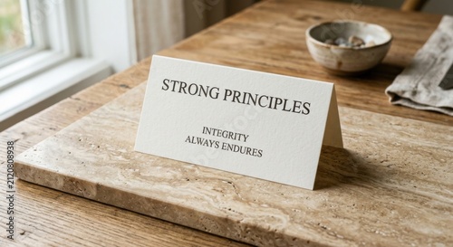 Tapety artystyczne A White Card Displaying 'Strong Principles Integrity Always Endures' on a Travertine Slab