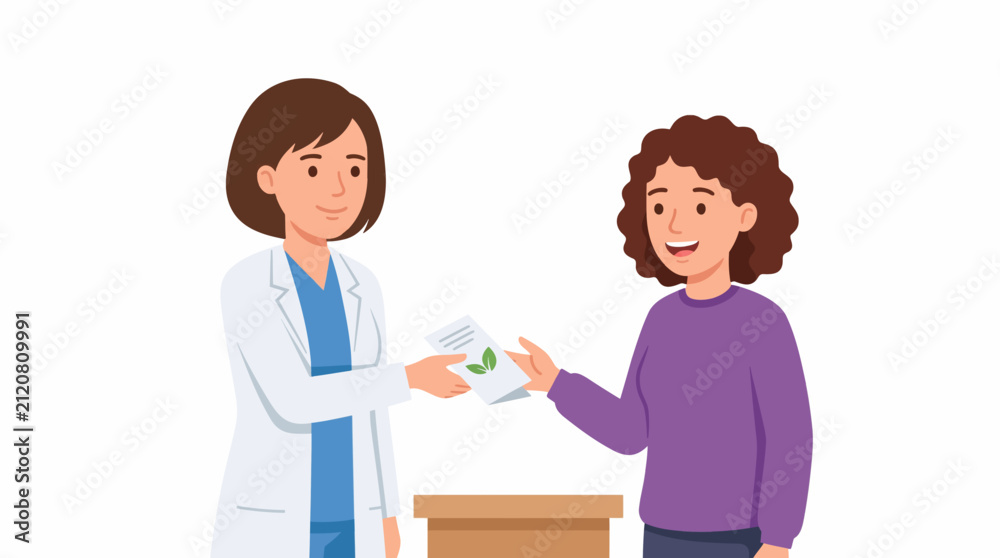Obraz premium Medical Consultation: A compassionate doctor in a white lab coat hands a pamphlet with a leaf symbol to a patient with curly hair, symbolizing healthy advice or information.
