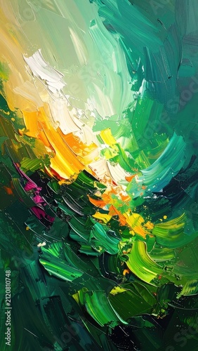 Vibrant abstract painting with bold strokes of green, yellow, and white.