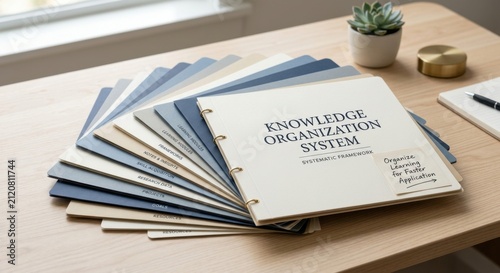 Layered Report Folders for Knowledge Organization System on Wooden Desk