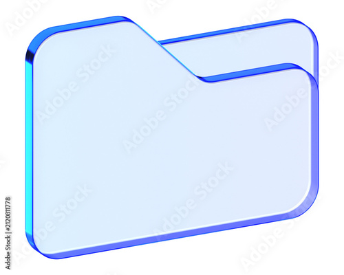 Blue glass file folder icon in glassmorphism style for document management, translucent directory symbol designed for data filing, office systems, and archives